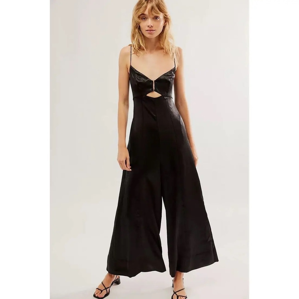 NWT Free People Abbie Satin Wide Leg Jumpsuit in Black, Size 2